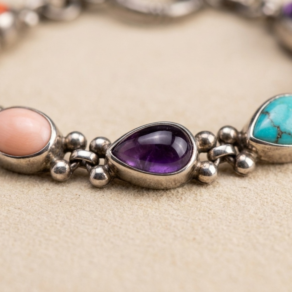 Sterling Silver SH Multi Stone Toggle Bracelet Turquoise Coral Amethyst Artisan - Picture 6 of 12